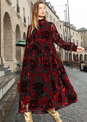 Boho Mulberry Ruffled Patchwork Silk Velour Vacation Long Dresses Fall