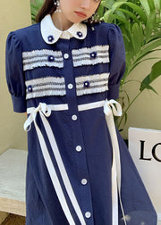 Boho Navy Bow Button Patchwork Nail bead Fall Short Sleeve Dresses
