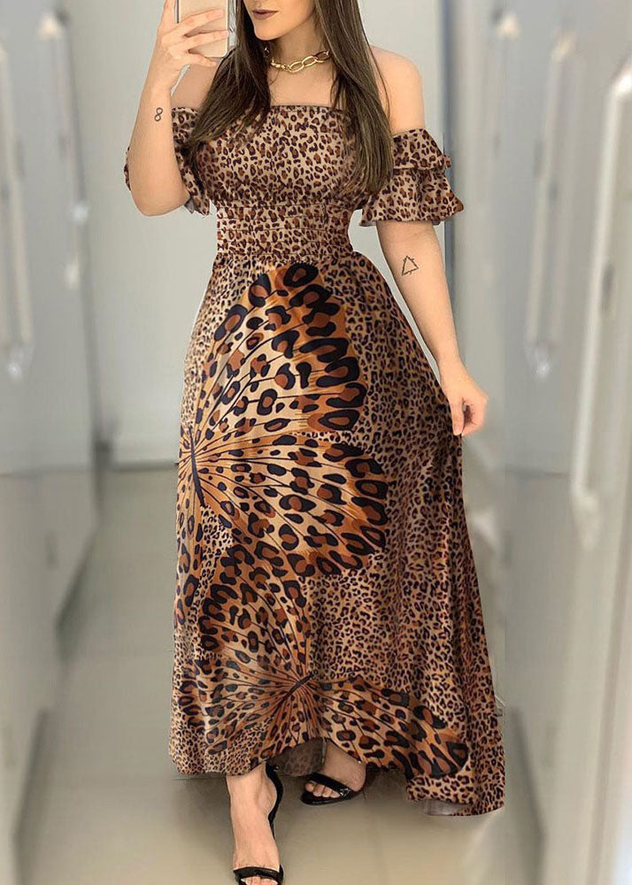 Boho schulterfreies Leopardenmuster extra großer Saum Cinch Kleid Vestidos Schmetterlingsärmel