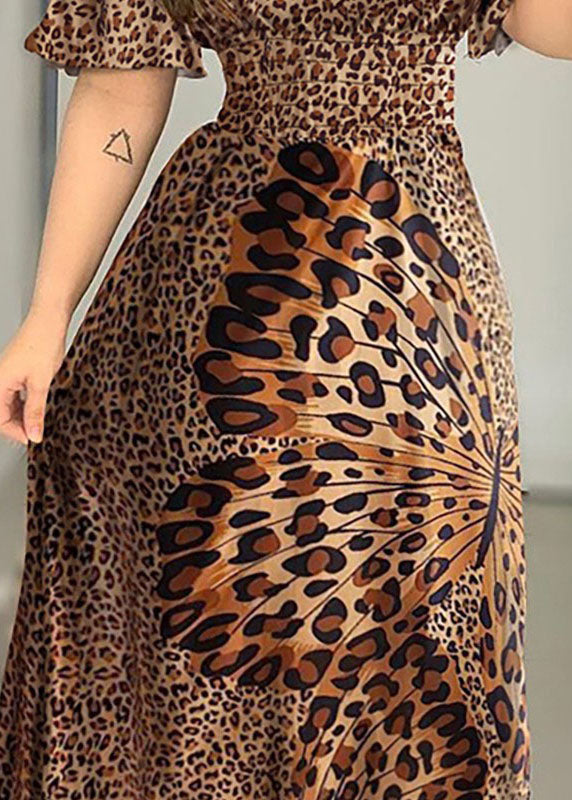 Boho Off The Shoulder Leopard Print Exra Large Hem Cinch Dress Vestidos Butterfly Sleeve