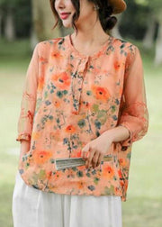 Boho Orange Embroidered Patchwork Print Linen Shirt Top Half Sleeve