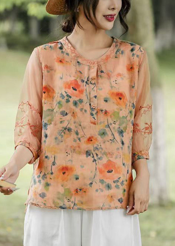 Boho Orange Embroidered Patchwork Print Linen Shirt Top Half Sleeve