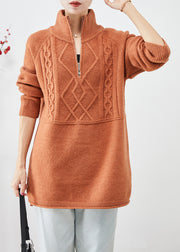 Boho Orange High Neck Zip Up Thick Knit Sweater Tops Winter