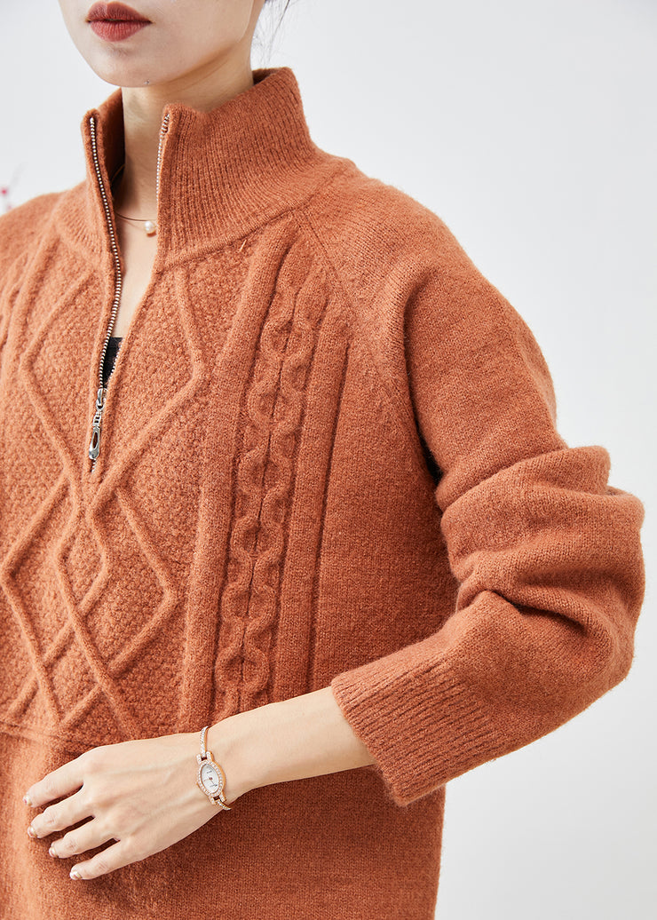 Boho Orange High Neck Zip Up Thick Knit Sweater Tops Winter