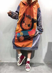 Boho Orange Hooded Dress Cartoon Printing Spring Maxi Dress - SooLinen