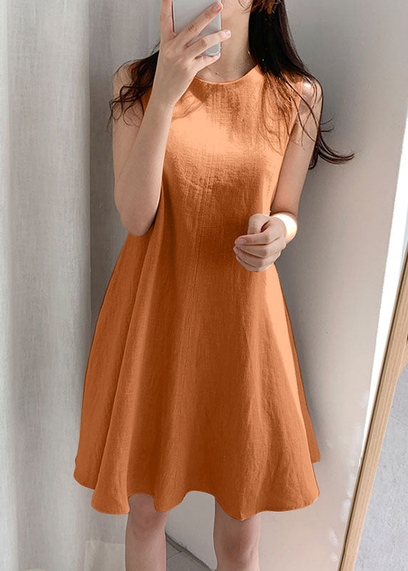 Boho Orange O-Neck Slim Fit Exra Large Hem Cotton Dresses Sleeveless