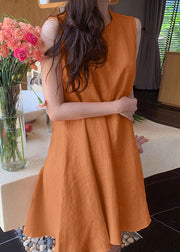 Boho Orange O-Neck Slim Fit Exra Large Hem Cotton Dresses Sleeveless