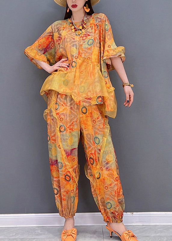 Boho Orange Ruffled asymmetrical design Patchwork Tulle tops and pants Two Pieces Set Summer
