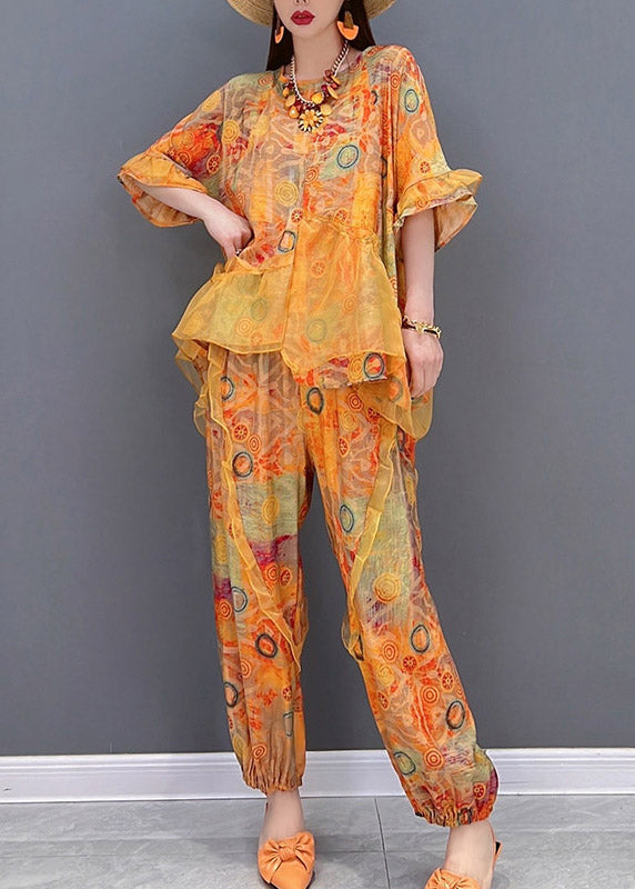 Boho Orange Ruffled asymmetrical design Patchwork Tulle tops and pants Two Pieces Set Summer