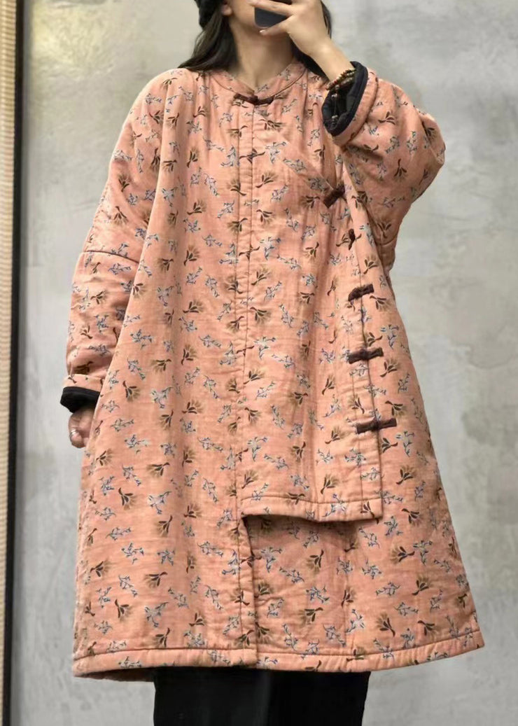 Boho Orange Stand Collar Print Chinese Button Fine Cotton Filled Coats Winter
