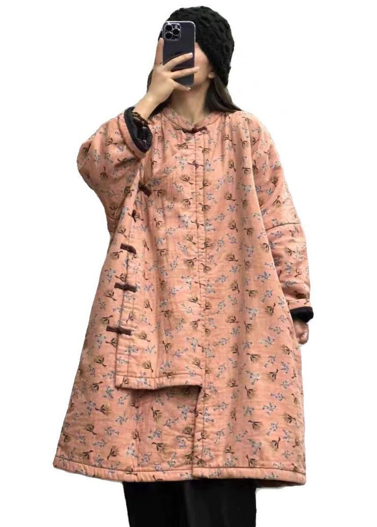Boho Orange Stand Collar Print Chinese Button Fine Cotton Filled Coats Winter