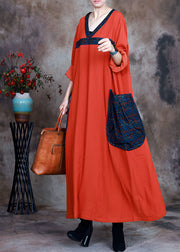 Boho Orange V-Ausschnitt Taschen Print Herbst Langarm Kleider