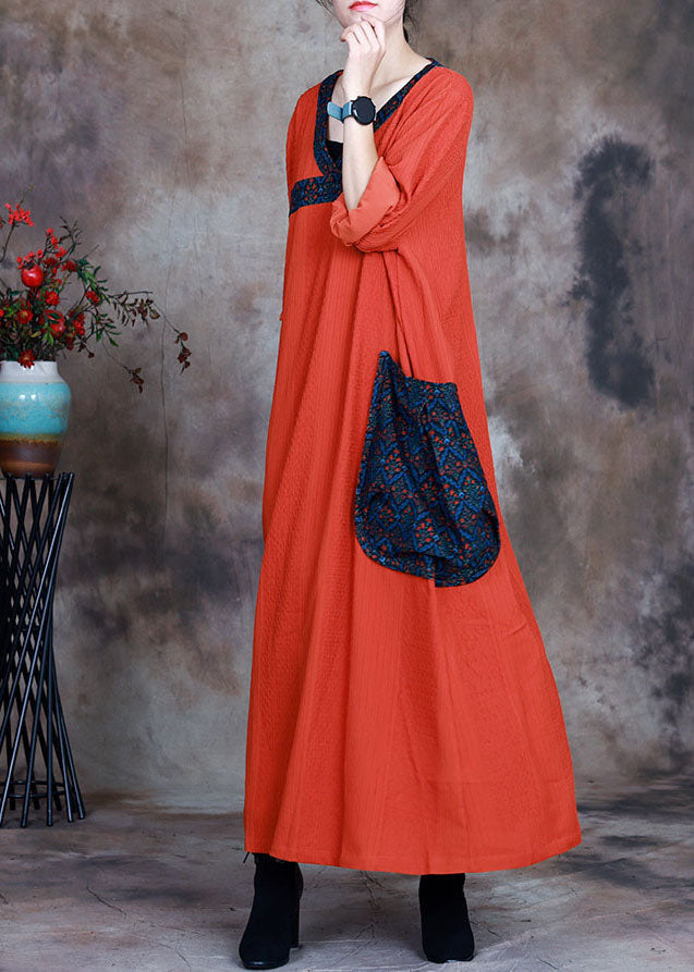 Boho Orange V Neck Pockets Print  Fall Long sleeve Dresses