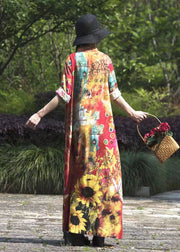 Boho Original Stand Collar Print Linen Long Dresses Spring