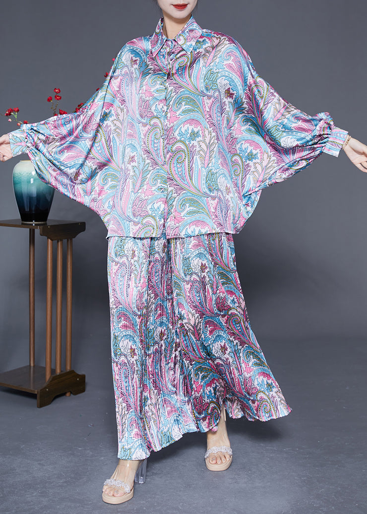 Boho Oversized Print Wrinkled Silk Two Piece Set Women Clothing Batwing Sleeve