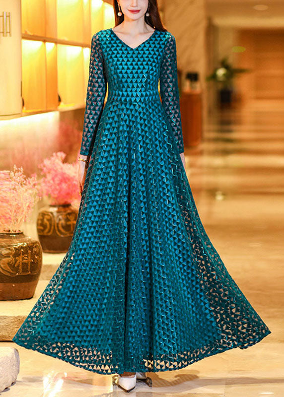 Boho Peacock Blue Wrinkled Hollow Out Lace Long Dress Long Sleeve