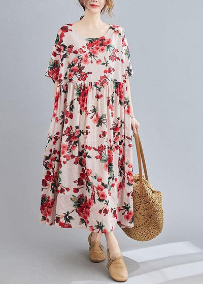 Boho Pink  Floral  O-Neck Patchwork Summer Half Sleeve Dresses - SooLinen