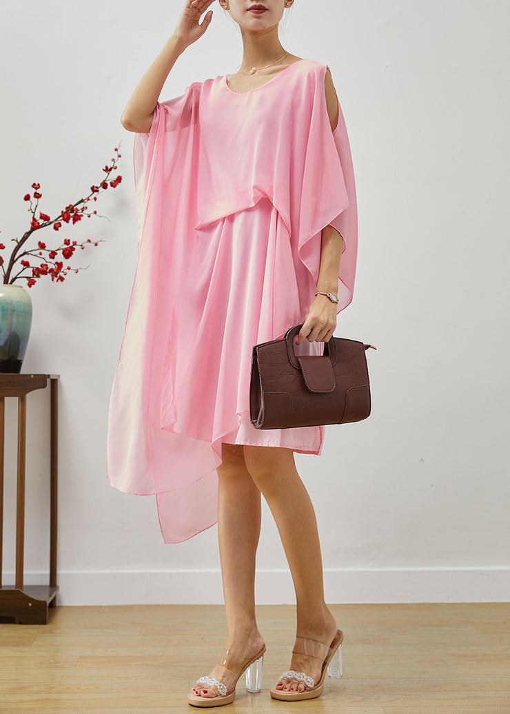 Boho Pink Asymmetrical Cold Shoulder Chiffon Beach Dresses Summer