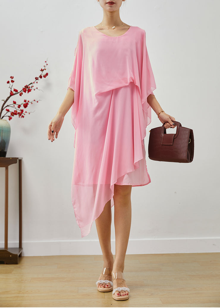 Boho Pink Asymmetrical Cold Shoulder Chiffon Beach Dresses Summer