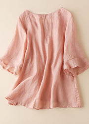 Boho Pink Cinched Patchwork Linen Blouse Tops Half Sleeve