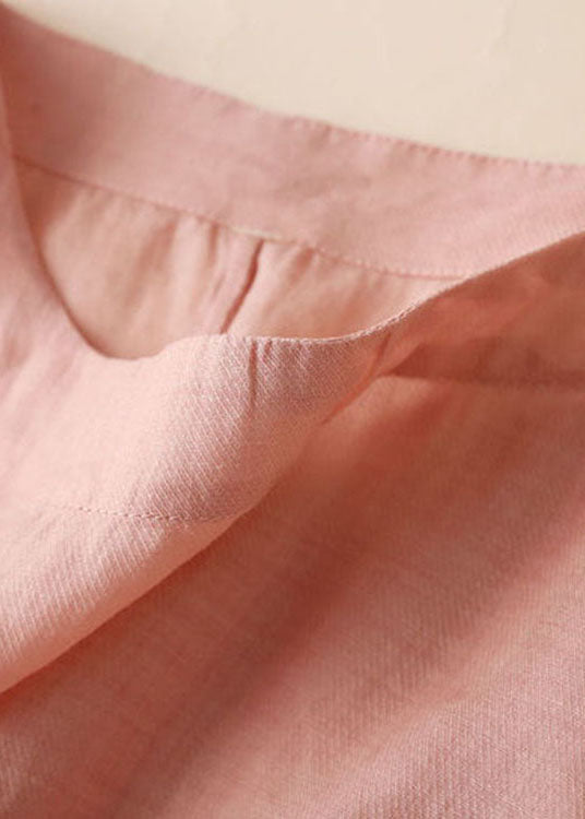 Boho Pink Cinched Patchwork Linen Blouse Tops Half Sleeve