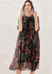 Boho Pink Cinched Print Summer Chiffon Mid Dress Half Sleeve - SooLinen