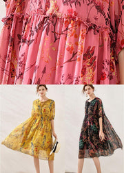 Boho Pink Cinched Print Summer Chiffon Mid Dress Half Sleeve - SooLinen