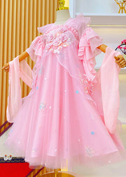 Boho Pink Embroidered Ruffled Tulle Kids Girls Long Dresses Summer