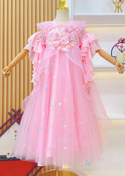 Boho Pink Embroidered Ruffled Tulle Kids Girls Long Dresses Summer