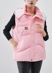 Boho Pink Hooded Warm Fine Cotton Filled Puffers Vests Winter