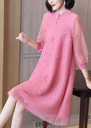 Boho Pink Mandarin Collar Patchwork Floral Maxi Dresses Summer