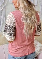 Boho Pink O-Neck Lace Patchwork Leopard Print Tank Top Short Sleeve