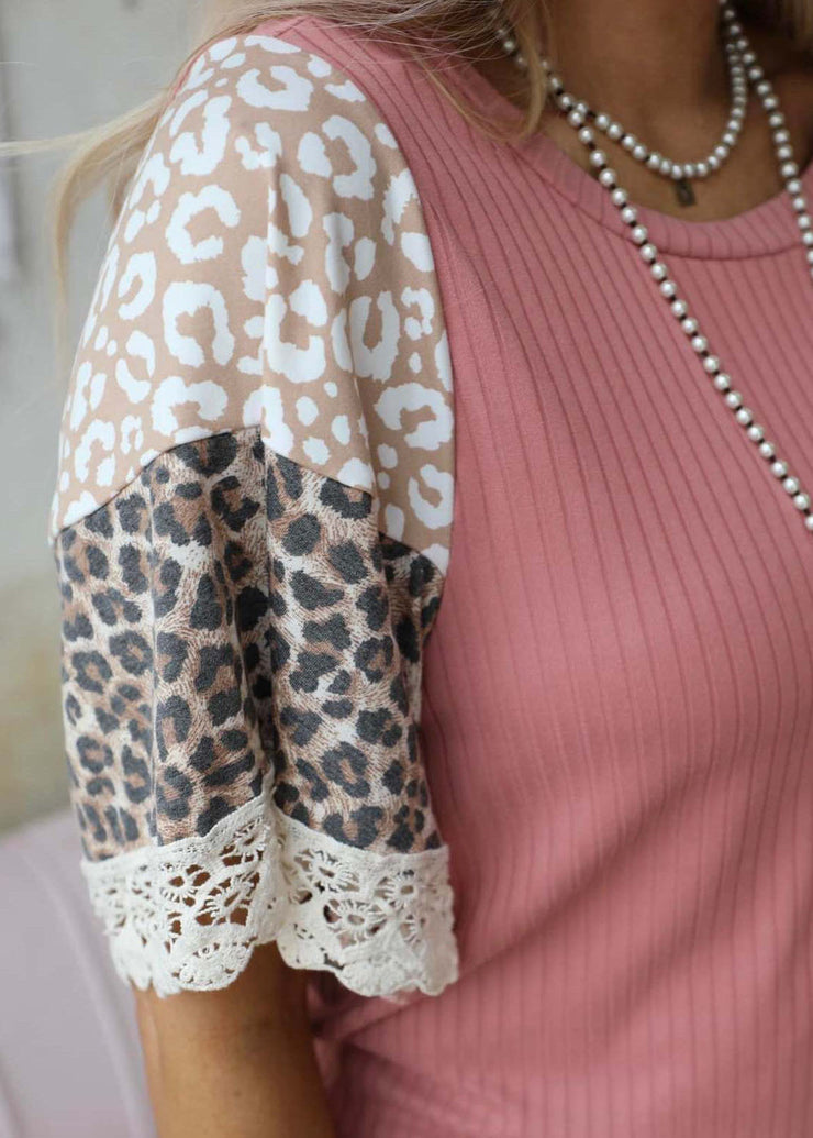 Boho Pink O-Neck Lace Patchwork Leopard Print Tank Top Short Sleeve