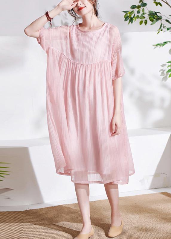Boho Pink O-Neck Patchwork Summer Cotton Maxi Dresses Half Sleeve - SooLinen
