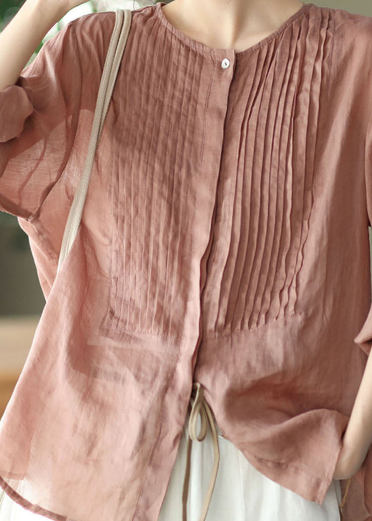 Boho Pink O Neck Patchwork Wrinkled Linen Shirts Spring