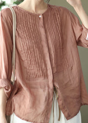 Boho Pink O Neck Patchwork Wrinkled Linen Shirts Spring