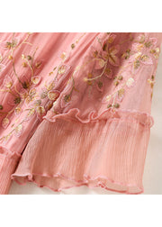Boho Pink O-Neck Ruffled Print Silk Maxi Dresses Short Sleeve