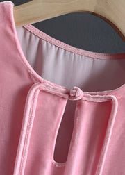 Boho Pink O-Neck Tasseled Patchwork Silk Velour Tops Spring