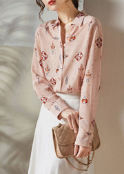 Boho Pink Peter Pan Collar Print Silk Blouses Spring