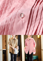 Boho Pink Peter Pan Collar Wrinkled Patchwork Cotton Shirts Top Summer