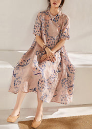 Boho Pink Print  Tie Waist Patchwork Summer Ramie Long Dress Short Sleeve - SooLinen
