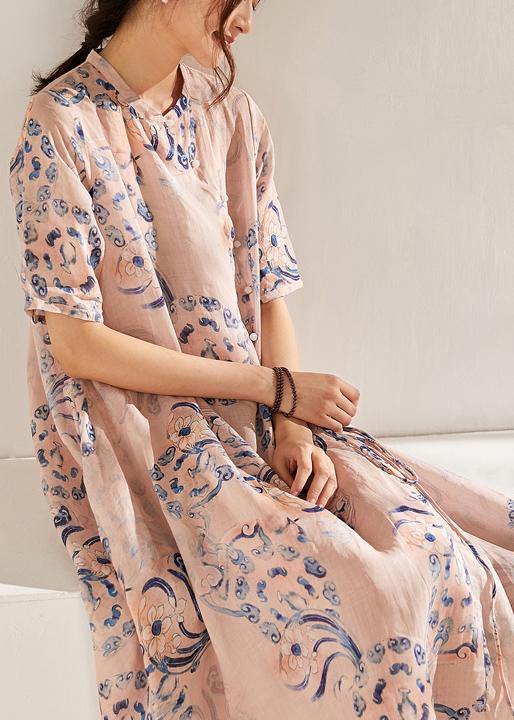 Boho Pink Print  Tie Waist Patchwork Summer Ramie Long Dress Short Sleeve - SooLinen