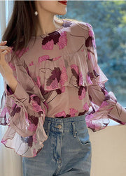 Boho Pink Ruffled O-Neck print Patchwork Chiffon Shirt Long Sleeve