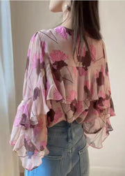 Boho Pink Rüschen O-Neck Print Patchwork Chiffon Shirt Langarm
