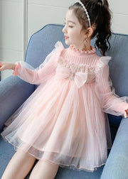 Boho Pink Stand Collar Bow Knit Patchwork Tulle Girls Vacation Maxi Dresses Fall