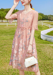 Boho Pink V Neck Floral Embroidered Silk Long Dresses Short Sleeve