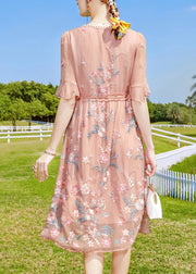 Boho Pink V Neck Floral Embroidered Silk Long Dresses Short Sleeve