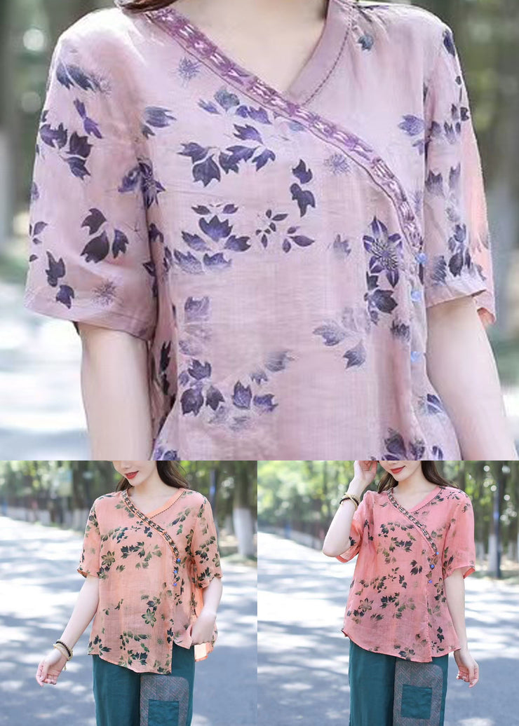 Boho Pink V Neck Print Patchwork Linen Shirt Top Summer