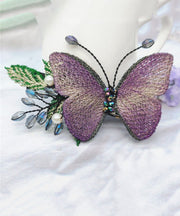 Boho Purple Crystal Pearl Butterfly Embroidery Duckbilled Hairpin