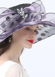 Boho Purple Floral Decorated Ruffles Tulle Floppy Sun Hat